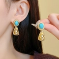 Detail of vintage gold tassel earrings with turquoise stones on a model's ear - 24# Silver Pin-Gold-Blue Fan Shaped Turquoise