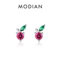Minimalist S925 sterling silver cherry stud earrings with pink and green gemstones - 925 Silver / Silver