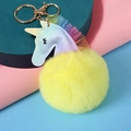 Detalle del llavero unicornio brillante con malla arcoíris y pompón amarillo suave - 8cm Encaje / Amarillo