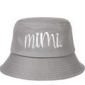 Close-up of mimi script embroidery on grey cotton canvas fisherman bucket hat - Adjustable / Gray