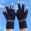 Dark blue knitted fingerless gloves with white panda pattern and JOUFUSN logo - Fingerless Gloves / Navy Blue