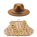 Matching set of brown wool jazz hat with chain and beige ruched cloud bag with gold strap - M(56-58cm) / Brown Set