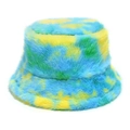 Close-up of the plush faux fur texture on a blue and yellow tie-dye winter bucket hat - M(56-58cm) / Green
