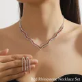 Silver bridal jewelry set with red zircon floral necklace and matching drop earrings - DTN14027324R-Red Rhinestone Wave V