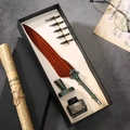 European vintage feather quill pen set with brown feather, bronze nibs and black ink box - Coffee
