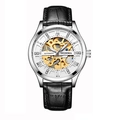 Skeleton mechanical watch for men featuring a black leather strap and gold gear display - Black Strap Silver Case White Dial