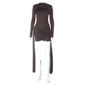 Eng anliegendes braunes Stehkragenkleid mit Raffungen und dekorativen langen Bändern - XS / Braun