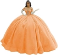 Elegant coral off-shoulder ball gown with floral lace embroidery and sequin details - Orange with Train