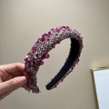 Close-up of tweed padded headband featuring pink sequins and thick braided texture - Padded Headband / 3CM Wide / Wine Red Sequins