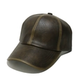 Detail of vintage brown PU leather baseball cap featuring distressed texture and stitching - M (56-58cm) / Army Green