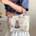 Canvas tote bag with pink straps featuring a cartoon girl and cat illustration - Princess and Cat