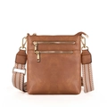 Brown PU leather crossbody bag with detachable jacquard strap and dual metal zippers - Brown