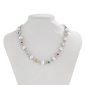 Men's hip-hop pearl necklace with colorful gemstone floral links on a white bust - Flower Pearl Necklace (06753) / Silver