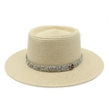 Beige woven straw boater hat with rhinestone band and M letter metal buckle - M (56-58cm) / Beige