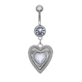 Silver belly button ring with clear zircon and heart pendant featuring pearl inlay - Simple Pearl Heart Style (24040801-5)