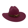 Ethnic burgundy felt cowboy hat with gold bull head metal ornament and leather band - Burgundy