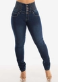 High waist dark blue skinny jeans with five-button fly and elastic waistband design - Dark Blue