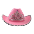 Sombrero de vaquero rosa con corona plateada y borde de lentejuelas sobre blanco - Rosa Corona Grande