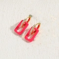 Geometric gold earrings with pavé zircon hoops and bright pink rectangular enamel pendants - Rose Red
