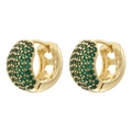 Detail of gold huggie earrings featuring micro-pave emerald green stones and hollow hearts - Gold Base Green Zircon 1 Pair