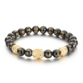Tiger eye and black onyx beaded bracelet with golden Pi Xiu and Sanskrit engraving - Gold Pixiu Black Mantra Bead Style(KB75572-BD)
