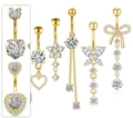Golden stainless steel belly rings set with sparkling heart and butterfly zircon charms - Heart/Butterfly/Bow/Flower/Tassel Styles / Gold Tone All White Zirconia