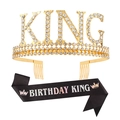 Set couronne dorée KING avec écharpe Birthday King noire pour fête d'anniversaire homme - Style peigne Or strass blanc + Tissu pailleté noir texte iridescent
