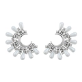 Elegant half-moon floral earrings with rhinestones and drop pearls on white background - Silver