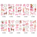 Tatuajes temporales rosa cowgirl con botas, sombreros y caballos para cumpleaños - Conjunto de la serie Cowboy rosa