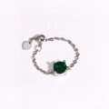Detail of adjustable silver chain ring with green gemstone and heart pendant - White Gold (Green Stone) (White Gold 6)