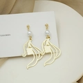 Artistic gold female silhouette drop earrings with pearls and minimalist line art style - E2371-Female Side Face Profile Pearl Drop
