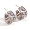 Orecchini a C in acciaio argento con perle e strass geometrici intarsiati a mano - Stile Acciaio / Orecchini a cerchio a C con perle e zirconia geometrica - Color Acciaio