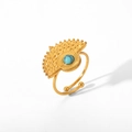 Vintage gold-plated open ring with fan-shaped turquoise stone and hammered texture - Hammered Turquoise Fan Style (HC-R30108)