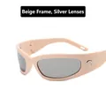 Creamy white wrap-around sports sunglasses with silver mirrored lenses and crescent moon - Cream White Frame Silver Mirror Lens