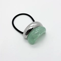 Elastic ponytail holder with silver metal U-shape and light green resin marble finish - Silver/Mint Green