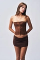 Detail showing high-gloss brown satin leopard print corset and matching mini skirt set - XS / Low Waist Brown