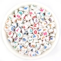 Flat round white acrylic beads with iridescent rainbow finish and colorful letters - White AB + Colorful Text