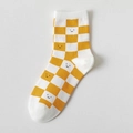 Yellow and white checkerboard mid-calf cotton socks with cute smiley face patterns - Checkerboard Smiley