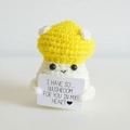 Handmade crochet yellow mushroom amigurumi doll with a positive greeting card - Mushroom Yellow
