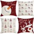 Set of four Christmas linen pillow covers with reindeer and snowman festive patterns - Red White Linen