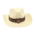 Elegant ladies cream straw cowboy sun hat with ethnic heart rhinestone band detail - Cream