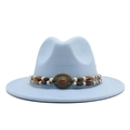 Classic light blue fedora wool hat with vintage beaded band and bronze ethnic ornament - Sky Blue