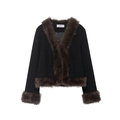 Giacca corta da donna nera in lana con eleganti bordi in ecopelliccia marrone sui polsi - XS