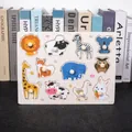 Educational wooden peg puzzle featuring 11 colorful cartoon animal shapes for toddlers - A011 Animals Recognition