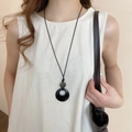 Ethnic long sweater necklace featuring a black hollow round pendant and wood bead detail - 55# Black Hollow Circle