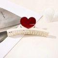 Detail of a cream hair claw clip with glossy red heart accents for elegant hair styling - Heart Straight / Creamy White
