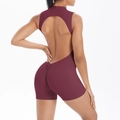 Detailed back view of burgundy yoga romper featuring scrunch butt and open back design - S / Top And Bottom / Burgundy