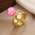 Anello aperto placcato oro con smalto rosa e dettaglio occhio di resina blu - Aperto Regolabile / Occhio del diavolo rosa