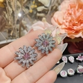 Close-up of pink gemstone heart earrings with diamond petals and 18K gold finish - 0355 Pink Square Gem Daisy Studs