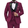 Slim fit burgundy three-piece suit with black contrast vest and accessories set - Burgundy